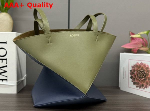 Loewe Medium Puzzle Fold Tote in Shiny Calfskin Soft Olive and Abyss Blue Replica