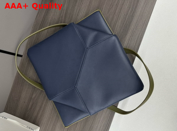 Loewe Medium Puzzle Fold Tote in Shiny Calfskin Soft Olive and Abyss Blue Replica