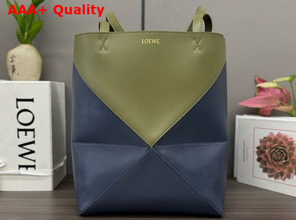 Loewe Medium Puzzle Fold Tote in Shiny Calfskin Soft Olive and Abyss Blue Replica