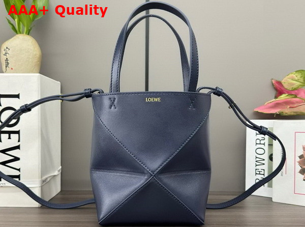 Loewe Mini Puzzle Fold Tote in Abyss Blue Shiny Calfskin Replica