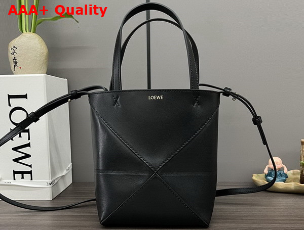 Loewe Mini Puzzle Fold Tote in Black Shiny Calfskin Replica