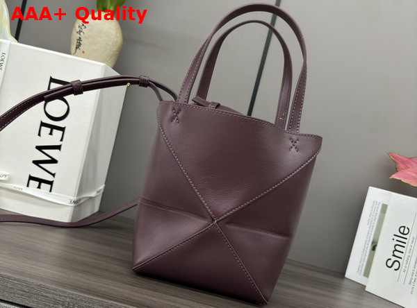 Loewe Mini Puzzle Fold Tote in Dark Burgundy Shiny Calfskin Replica