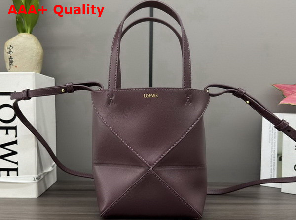 Loewe Mini Puzzle Fold Tote in Dark Burgundy Shiny Calfskin Replica