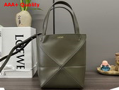 Loewe Mini Puzzle Fold Tote in Dark Khaki Green Shiny Calfskin Replica