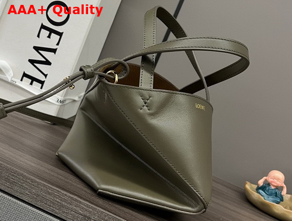 Loewe Mini Puzzle Fold Tote in Dark Khaki Green Shiny Calfskin Replica