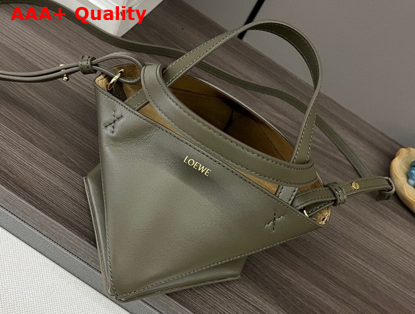 Loewe Mini Puzzle Fold Tote in Dark Khaki Green Shiny Calfskin Replica