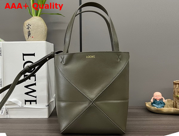 Loewe Mini Puzzle Fold Tote in Dark Khaki Green Shiny Calfskin Replica