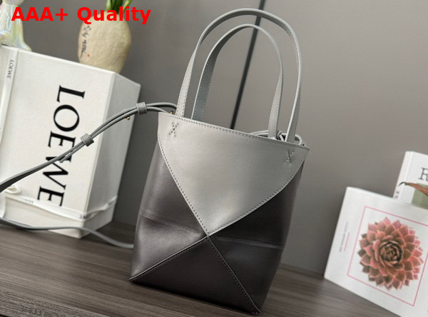 Loewe Mini Puzzle Fold Tote in Shiny Calfskin Pearl Grey Dark Grey Replica