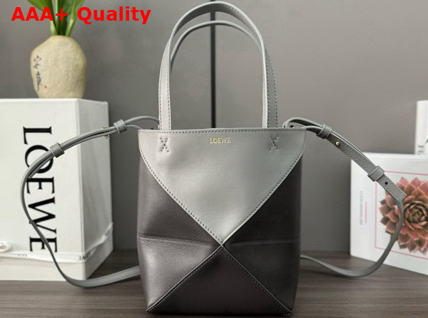 Loewe Mini Puzzle Fold Tote in Shiny Calfskin Pearl Grey Dark Grey Replica