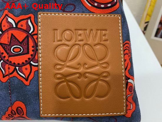 Loewe Paulas Small Drawstring Pouch Blue Canvas and Tan Calfskin Replica