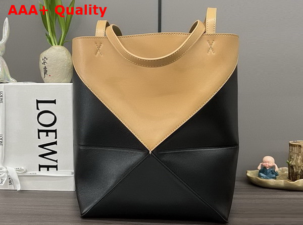 Loewe Puzzle Fold Tote in Shiny Calfskin Warm Desert and Black Replica