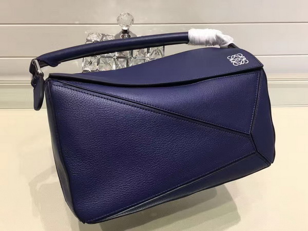 Loewe Puzzle Shoulder Bag in Navy Blue Calf Leather with Embossed Anagram For Sale