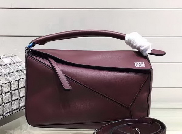 Loewe Puzzle Shoulder in Burgundy Calf Leather with Embossed Anagram for Sale