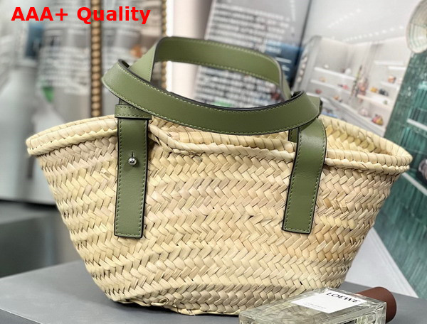 Loewe Small Basket Bag in Palm Leaf and Calfskin Natural Green Replica