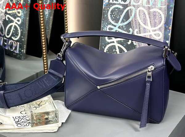 Loewe Small Puzzle Bag in Abyss Blue Satin Calfskin with Adjustable Canvas Shoulder Strap Replica