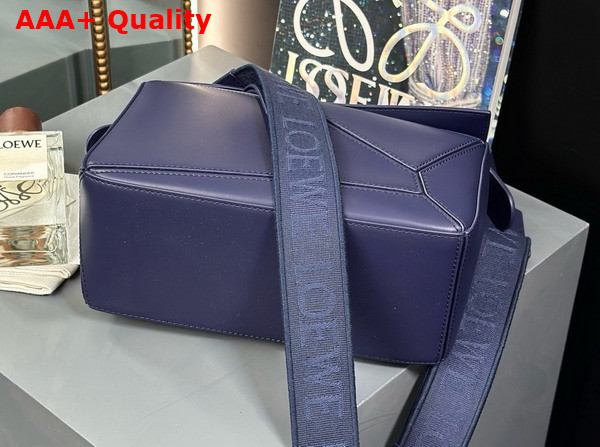 Loewe Small Puzzle Bag in Abyss Blue Satin Calfskin with Adjustable Canvas Shoulder Strap Replica