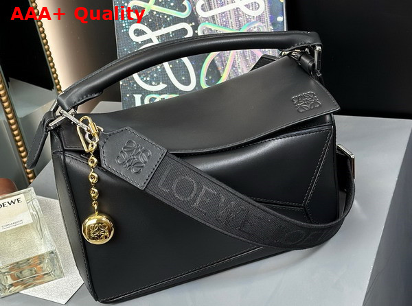 Loewe Small Puzzle Bag in Black Satin Calfskin with Adjustable Canvas Shoulder Strap Replica