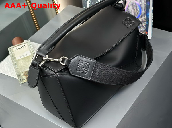 Loewe Small Puzzle Bag in Black Satin Calfskin with Adjustable Canvas Shoulder Strap Replica