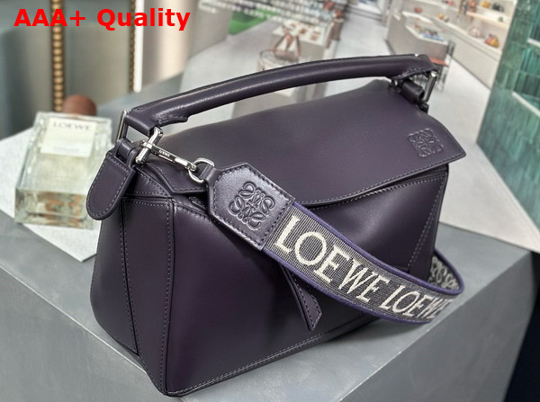 Loewe Small Puzzle Bag in Purple Satin Calfskin with Adjustable Canvas Shoulder Strap Replica