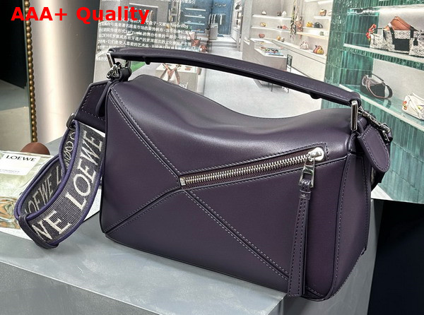 Loewe Small Puzzle Bag in Purple Satin Calfskin with Adjustable Canvas Shoulder Strap Replica