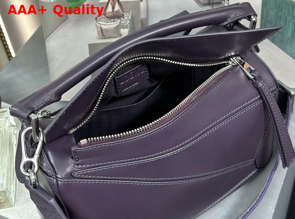 Loewe Small Puzzle Bag in Purple Satin Calfskin with Adjustable Canvas Shoulder Strap Replica