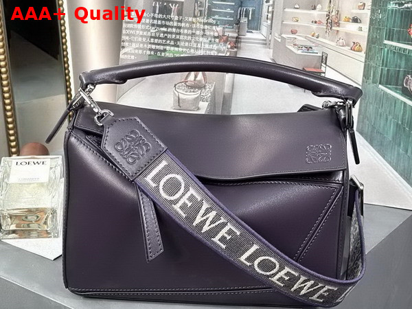 Loewe Small Puzzle Bag in Purple Satin Calfskin with Adjustable Canvas Shoulder Strap Replica