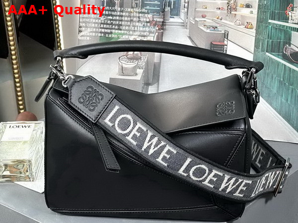 Loewe Small Puzzle Bag in Satin Calfskin with Canvas Shoulder Strap Black Replica