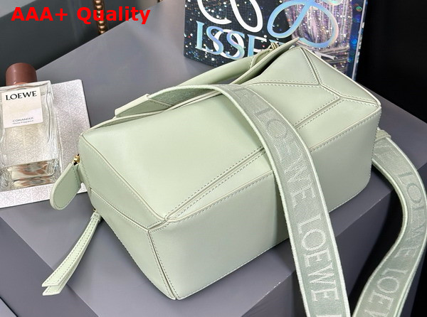 Loewe Small Puzzle Bag in Spring Jade Satin Calfskin with Adjustable Canvas Shoulder Strap Replica