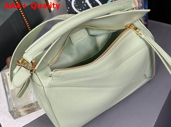 Loewe Small Puzzle Bag in Spring Jade Satin Calfskin with Adjustable Canvas Shoulder Strap Replica