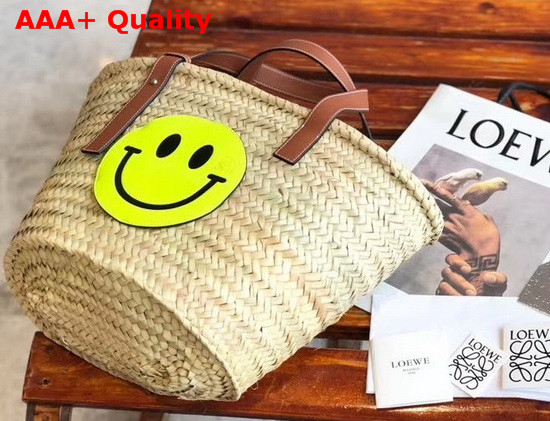 Loewe Small Smiley Basket Bag in Palm Leaf and Calfskin Natural and Neon Yellow Replica