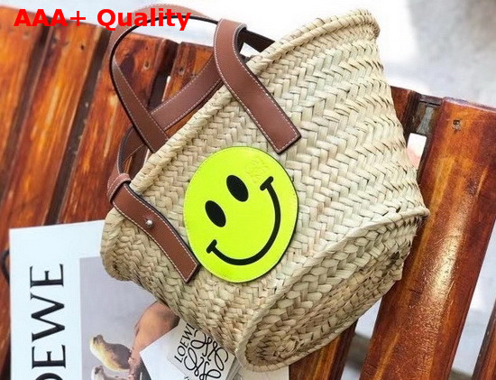 Loewe Small Smiley Basket Bag in Palm Leaf and Calfskin Natural and Neon Yellow Replica