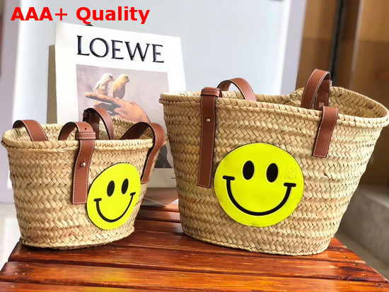 Loewe Small Smiley Basket Bag in Palm Leaf and Calfskin Natural and Neon Yellow Replica