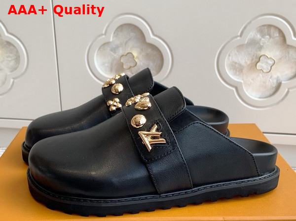 LV Cosy Flat Comfort Clog in Black Calf Leather with Gold Toned Studs 1ADACV Replica