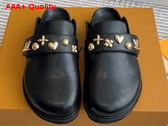 LV Cosy Flat Comfort Clog in Black Calf Leather with Gold Toned Studs 1ADACV Replica