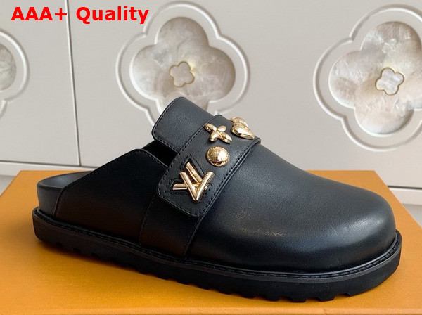 LV Cosy Flat Comfort Clog in Black Calf Leather with Gold Toned Studs 1ADACV Replica