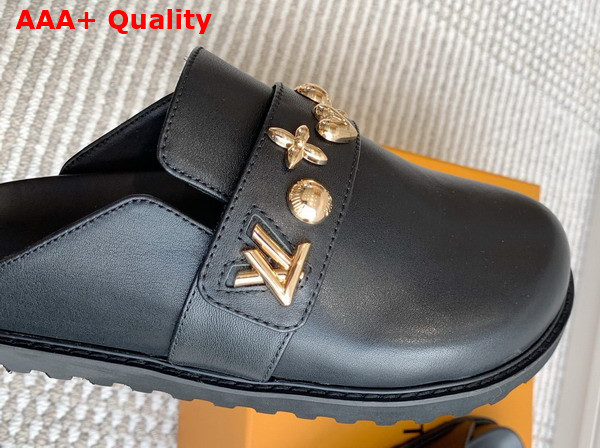 LV Cosy Flat Comfort Clog in Black Calf Leather with Gold Toned Studs 1ADACV Replica