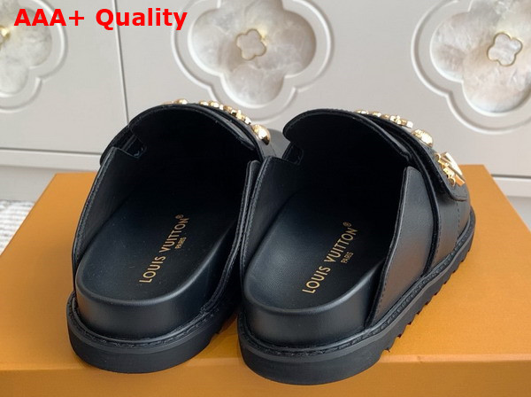 LV Cosy Flat Comfort Clog in Black Calf Leather with Gold Toned Studs 1ADACV Replica