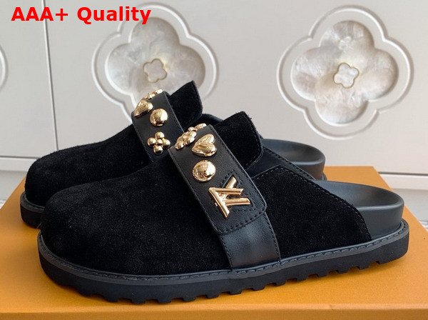 LV Cosy Flat Comfort Clog in Black Suede Leather with Gold Toned Studs Replica