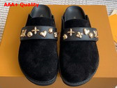 LV Cosy Flat Comfort Clog in Black Suede Leather with Gold Toned Studs Replica