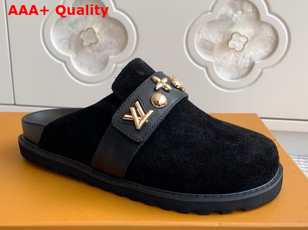 LV Cosy Flat Comfort Clog in Black Suede Leather with Gold Toned Studs Replica