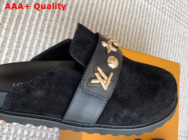 LV Cosy Flat Comfort Clog in Black Suede Leather with Gold Toned Studs Replica