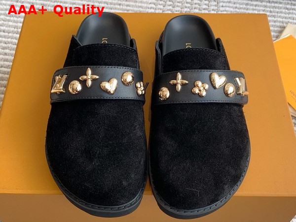 LV Cosy Flat Comfort Clog in Black Suede Leather with Gold Toned Studs Replica