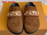 LV Cosy Flat Comfort Clog in Brwon Suede Leather with Gold Toned Studs Replica