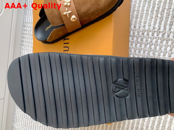 LV Cosy Flat Comfort Clog in Brwon Suede Leather with Gold Toned Studs Replica