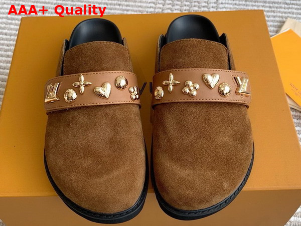 LV Cosy Flat Comfort Clog in Brwon Suede Leather with Gold Toned Studs Replica