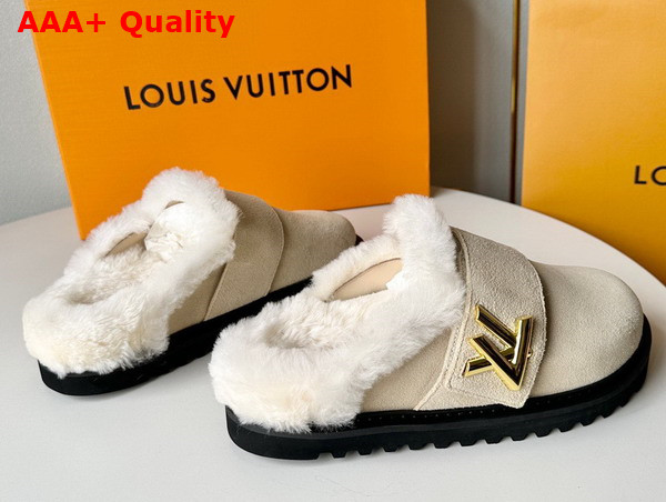 LV Cosy Flat Comfort Clog in Natural Suede Calf Leather and Shearling 1AC6Z3 Replica