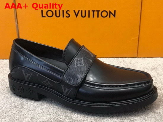 LV Derby Harness Loafer in Black Glazed Calf Leather and Monogram Eclipse Canvas 1A8JEQ Replica