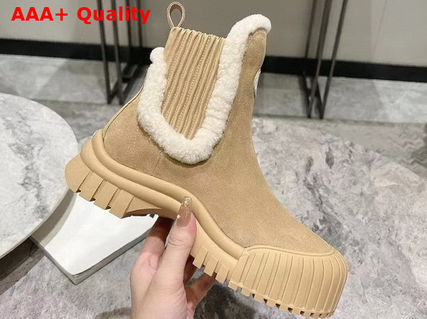 LV Ski Ruby Flat Ankle Boot in Beige Suede Calf Leather and Shearling 1AC7AR Replica