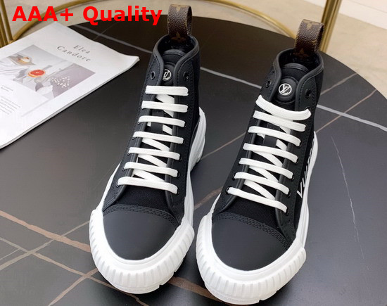 LV Squad Sneaker Boot Combines Black Cotton Canvas with Tonal Calf Leather Trim 1A96F3 Replica