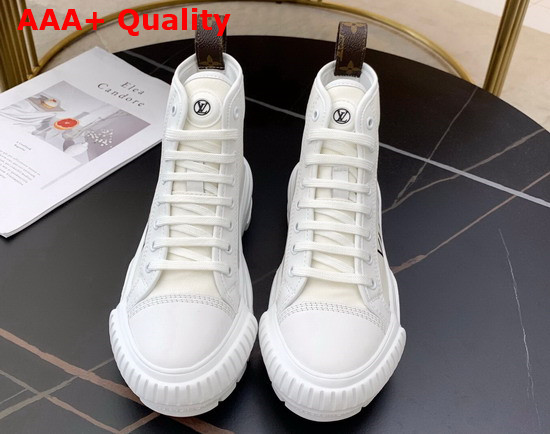 LV Squad Sneaker Boot in White Cotton Canvas and Calf Leather Trim Replica